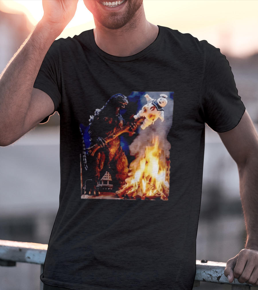 Kaiju Campfire Godzilla Holding Stay Puft Marshmallow Man T-Shirt