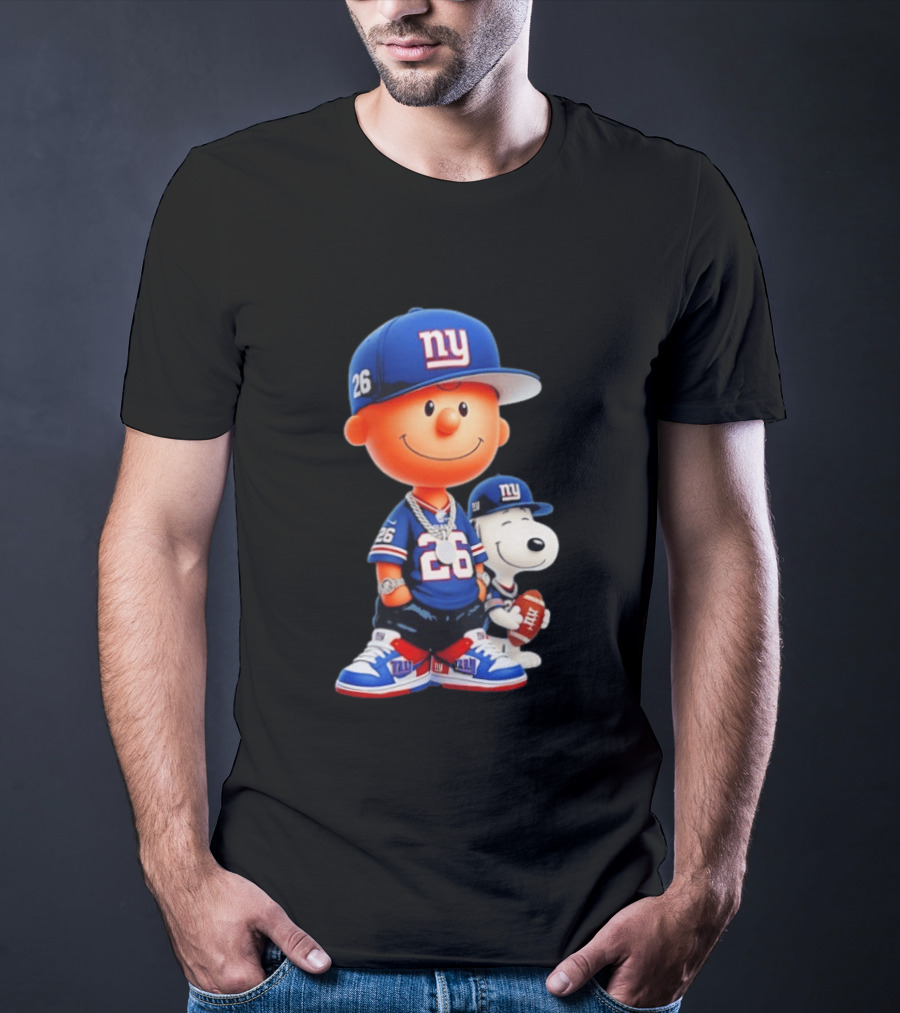 Peanuts Characters In New York Giants Team Sportswear T-Shirt