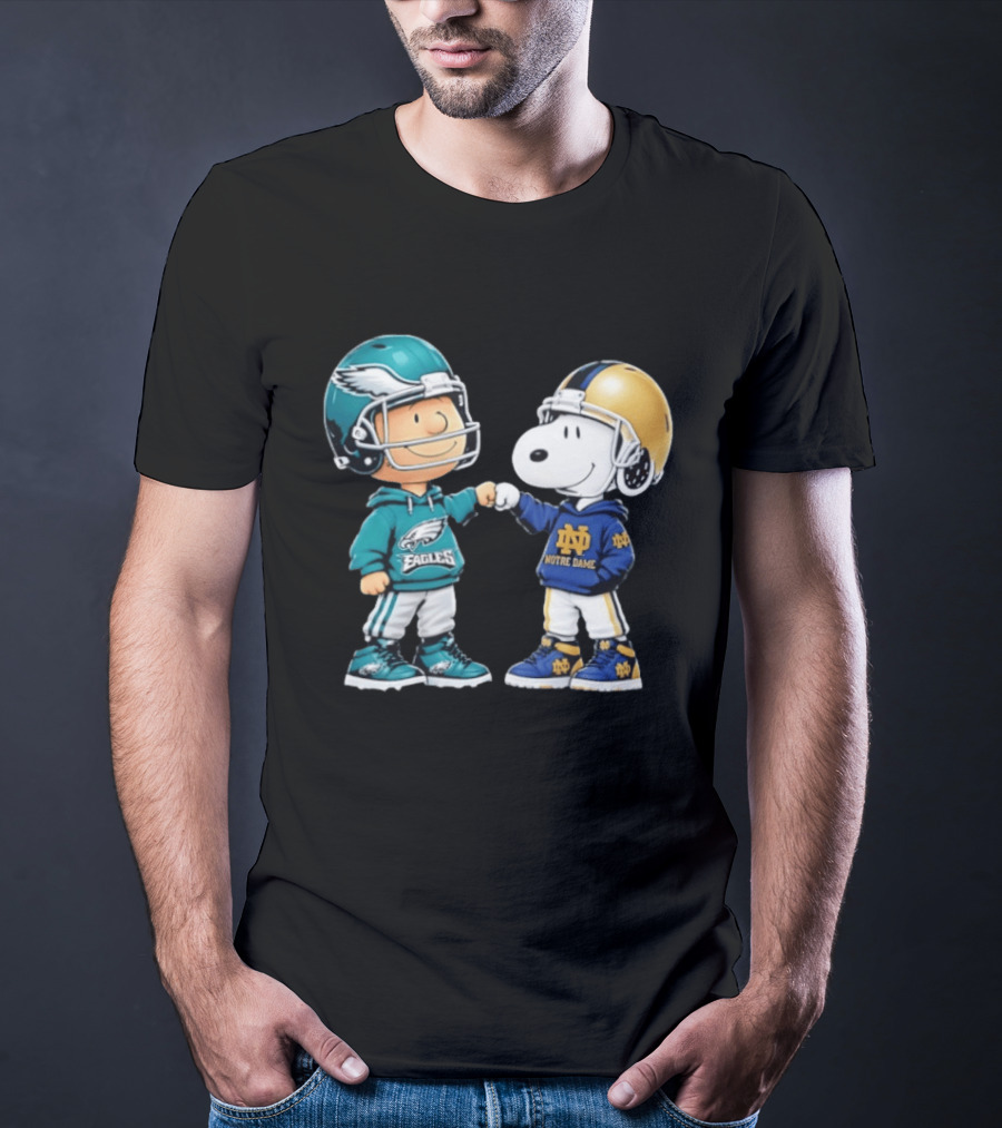 Peanuts Characters In Philadelphia Eagles Vs Notre Dame Fighting Irish Helmets T-Shirt