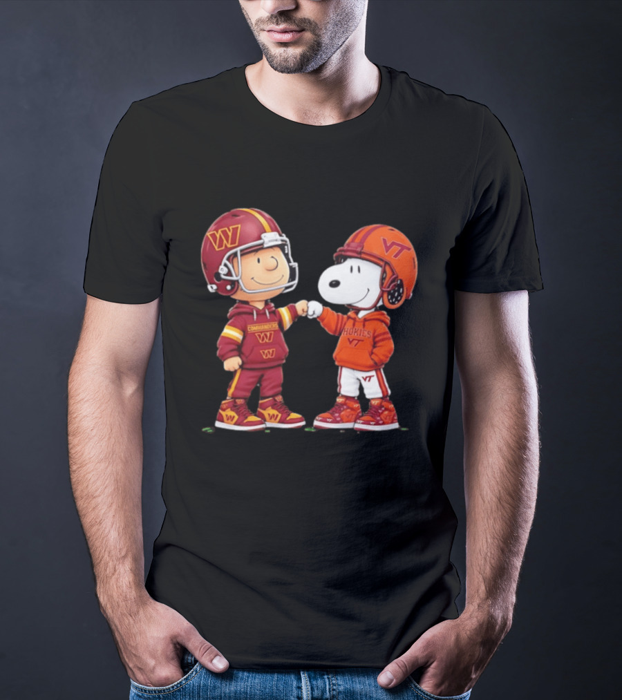 Peanuts Snoopy Charlie Brown Washington Commanders Virginia Tech Hokies Collaboration Fist Bump T-Shirt