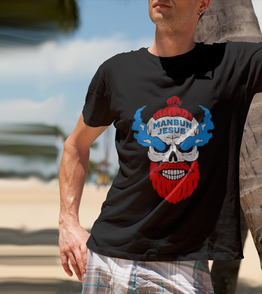 Manbun Jesus Skull Blue Flames Red Beard T-Shirt