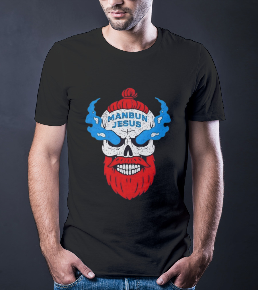 Manbun Jesus Skull Blue Flames Red Beard T-Shirt