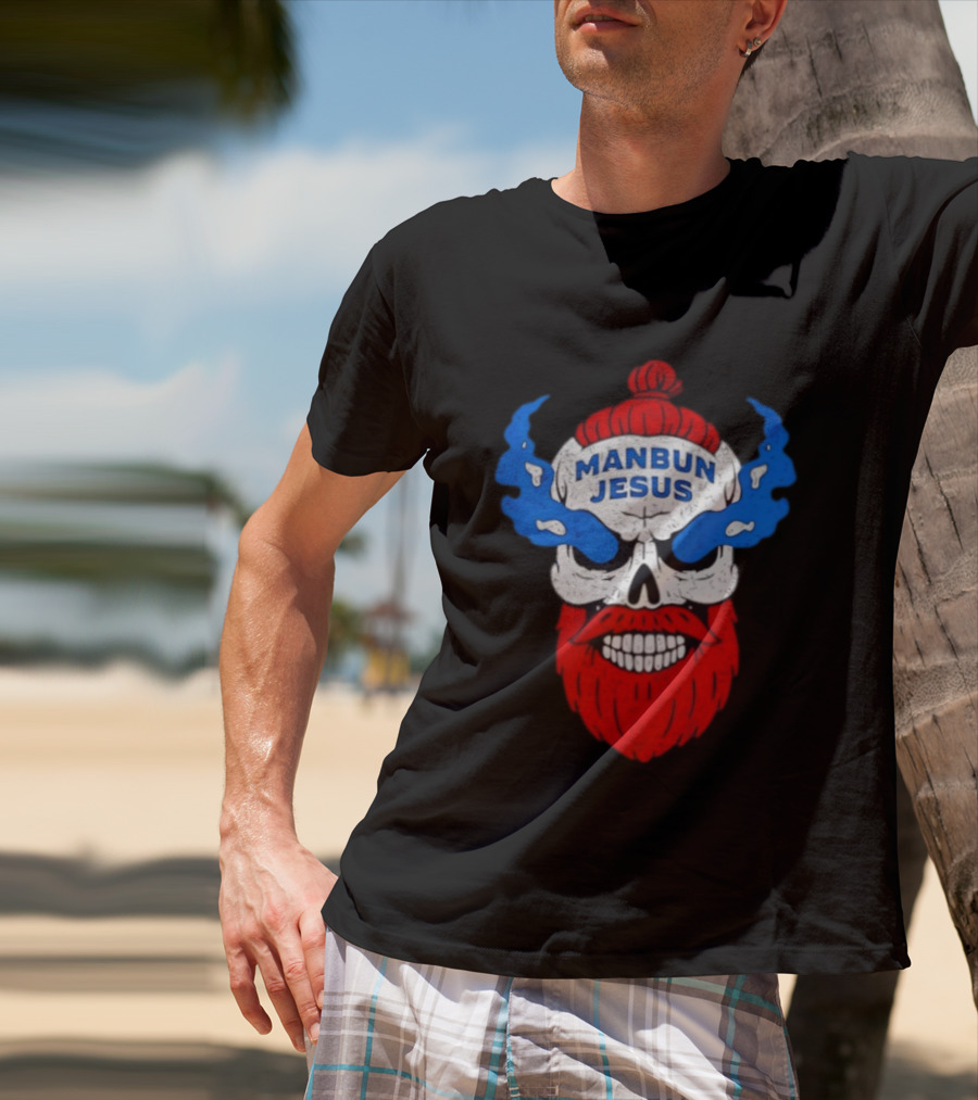 Manbun Jesus Skull Flame Beard Retro Stone Man Cold Bun T-Shirt