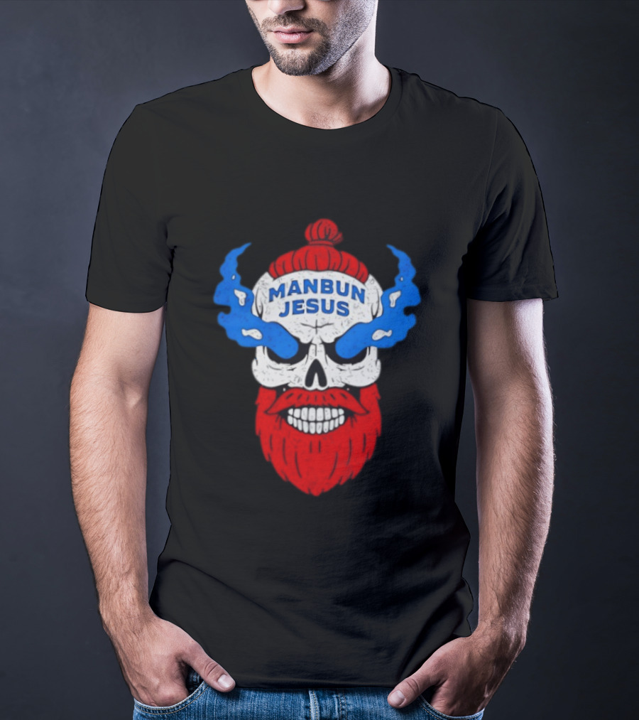 Manbun Jesus Skull Flame Beard Retro Stone Man Cold Bun T-Shirt