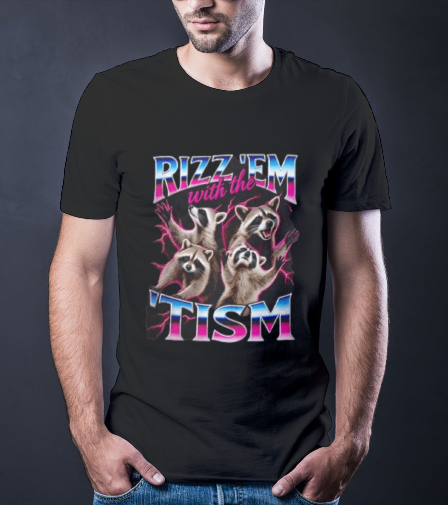 Rizz Them With The Tism Four Raccoons Reaching Pink Lightning T-Shirt