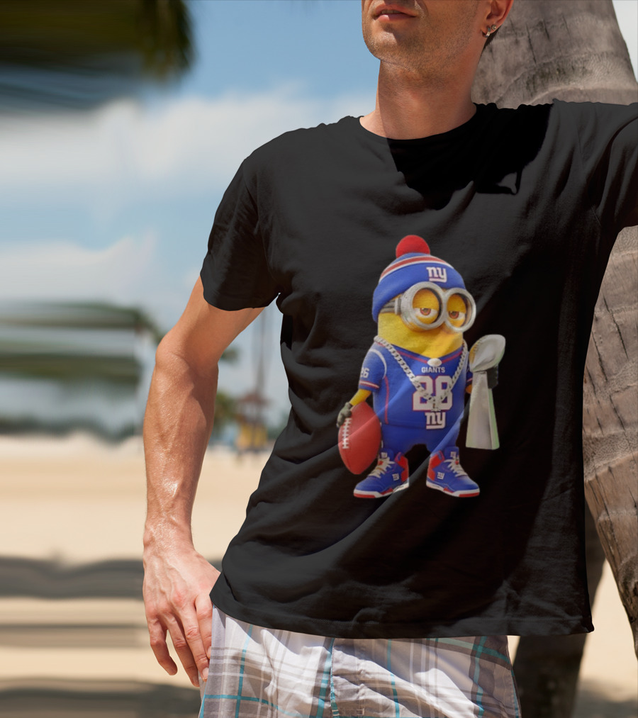Minion In New York Giants Jersey With Football Trophy And Beanie T-Shirt