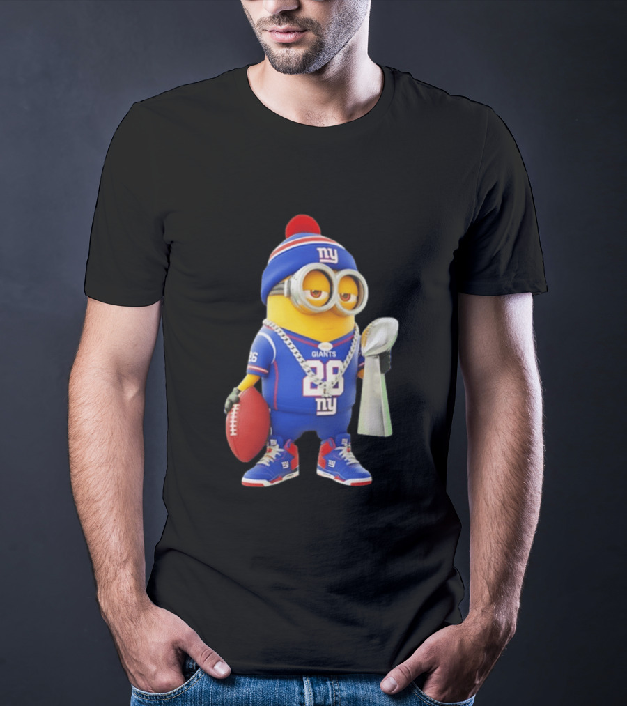 Minion In New York Giants Jersey With Football Trophy And Beanie T-Shirt