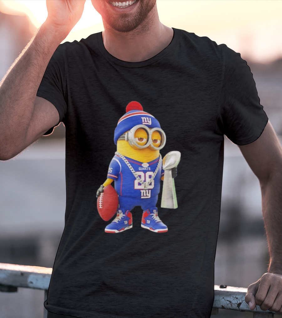 Minion In New York Giants Jersey With Football Trophy And Beanie T-Shirt