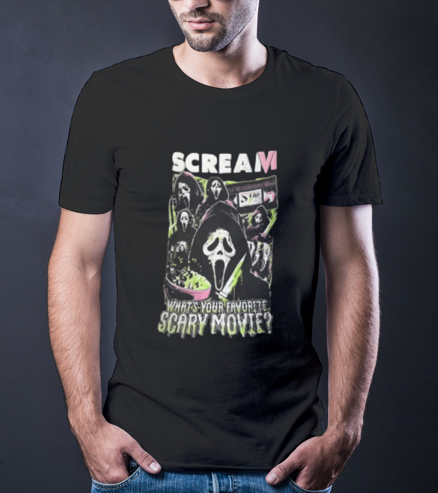 Scream VI What's Your Favorite Scary Movie Ghostface Masks Holding Knife Popcorn T-Shirt