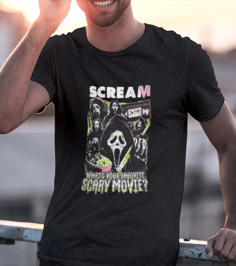 Scream VI What's Your Favorite Scary Movie Ghostface Masks Holding Knife Popcorn T-Shirt