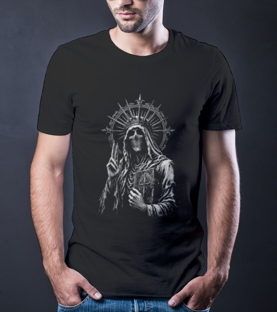 Skeletal Crowned Figure With Radiant Halo Holding Book T-Shirt