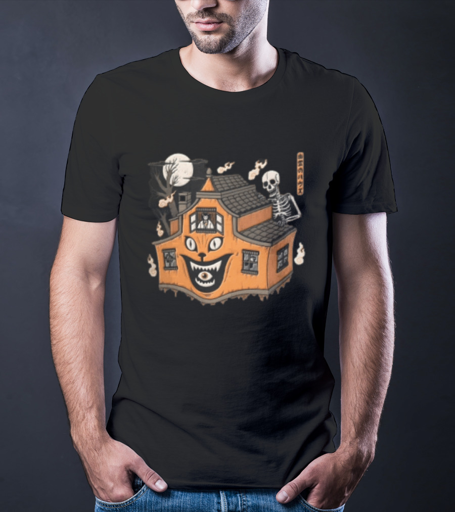 Skeleton Moon Haunted House Cat Face Halloween T-Shirt