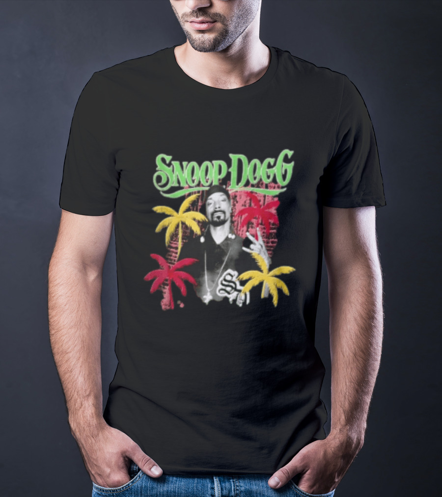 Snoop Dogg Palm Trees Gesture Black And White Portrait With Red And Yellow Palm Trees T-Shirt