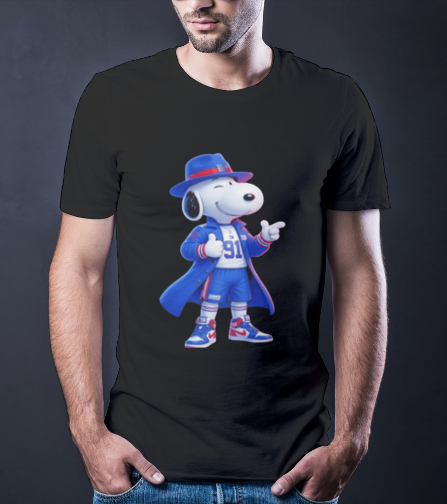 Snoopy New York Giants Football Player Cartoon Blue Coat And Hat T-Shirt
