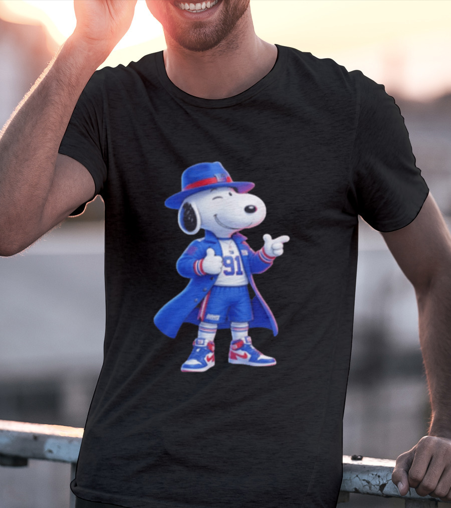 Snoopy New York Giants Football Player Cartoon Blue Coat And Hat T-Shirt