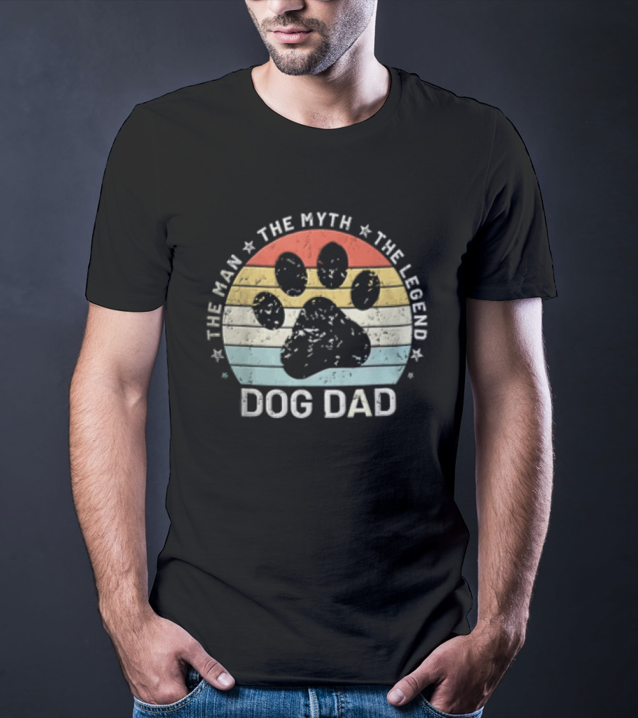 The Man The Myth The Legend Dog Dad Distressed Paw Rainbow Sunset T-Shirt