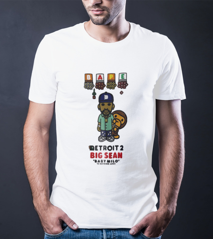 BAPE Big Sean Detroit 2 Baby Milo Cartoon Man Wearing Cap T-Shirt