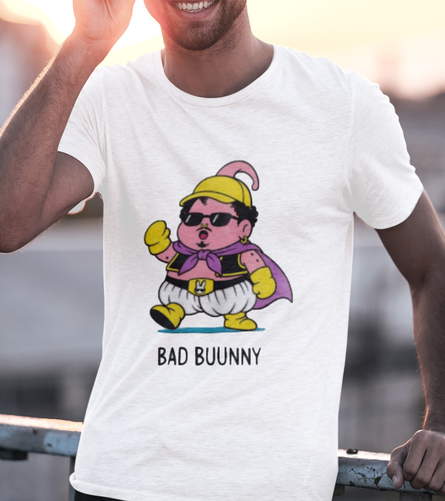 Bad Buunny Pink Majin Buu Sunglasses Yellow Hat Cape Cartoon T-Shirt