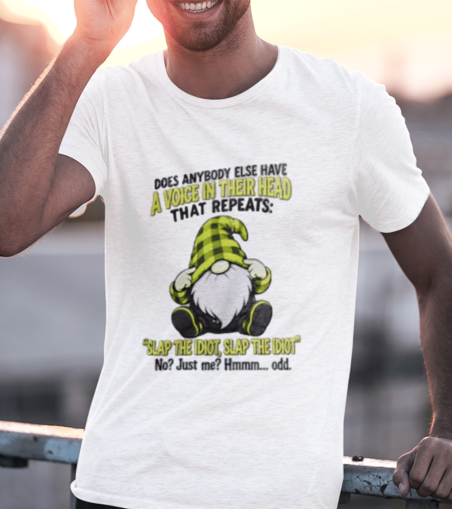 Does Anybody Else Have A Voice In Their Head That Repeats Slap The Idiot Slap No Just Me Hmmm Odd Gnome In Green Hat T-Shirt