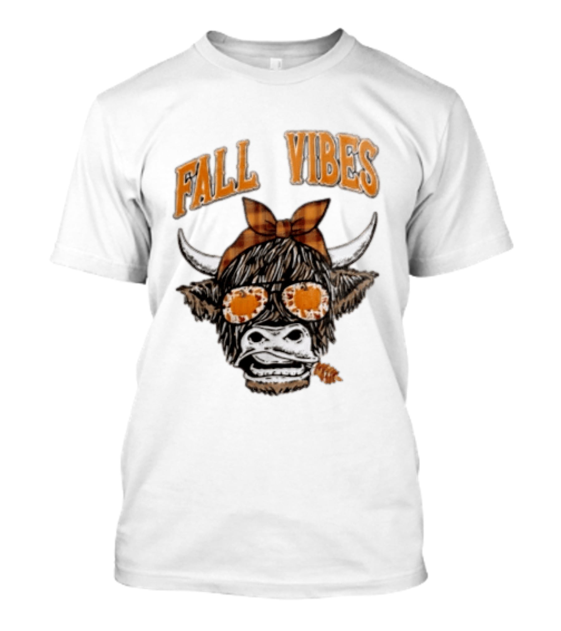 Fall Vibes Highland Cow Plaid Bow Sunglasses Pumpkins T-Shirt