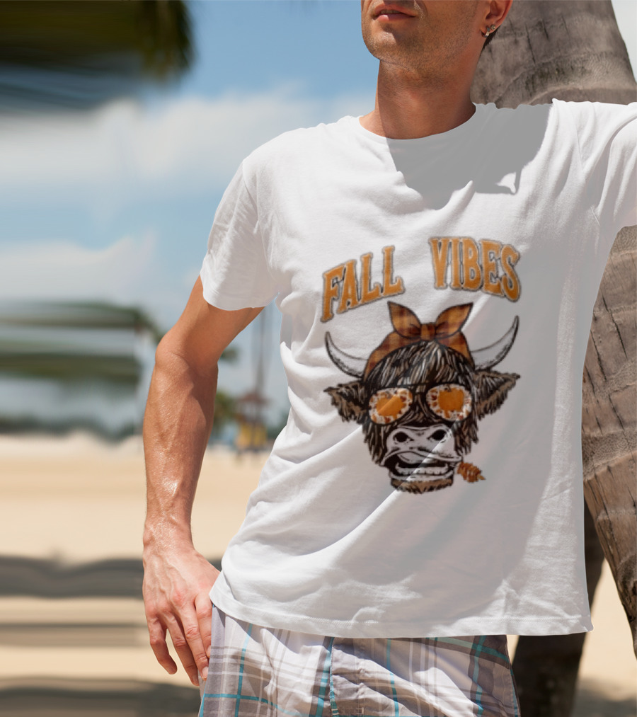 Fall Vibes Highland Cow Plaid Bow Sunglasses Pumpkins T-Shirt