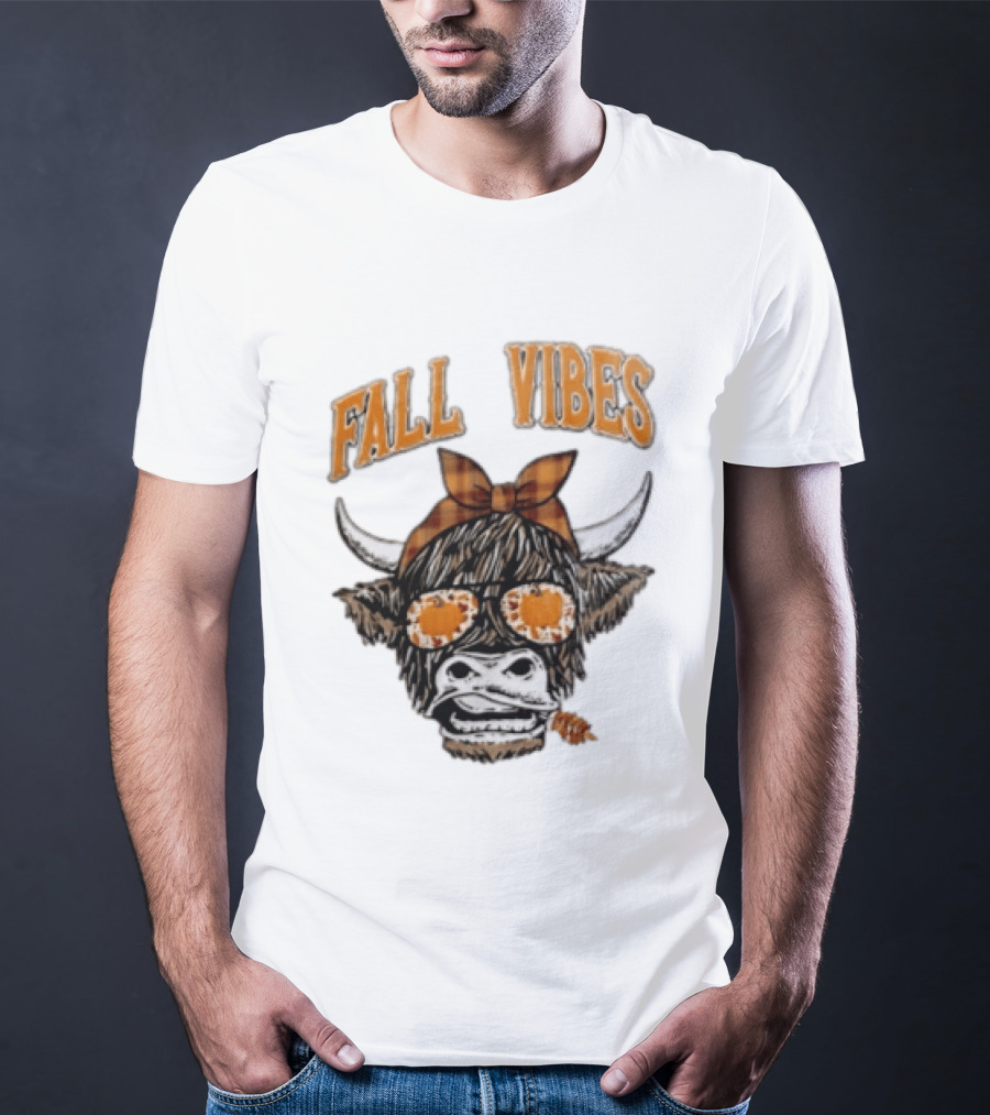 Fall Vibes Highland Cow Plaid Bow Sunglasses Pumpkins T-Shirt