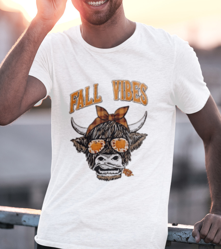 Fall Vibes Highland Cow Plaid Bow Sunglasses Pumpkins T-Shirt