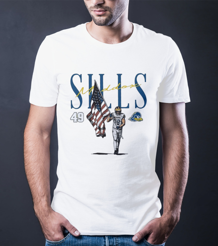 Delaware Blue Hens No 49 Maddox Sills US Flag Caricature T-Shirt