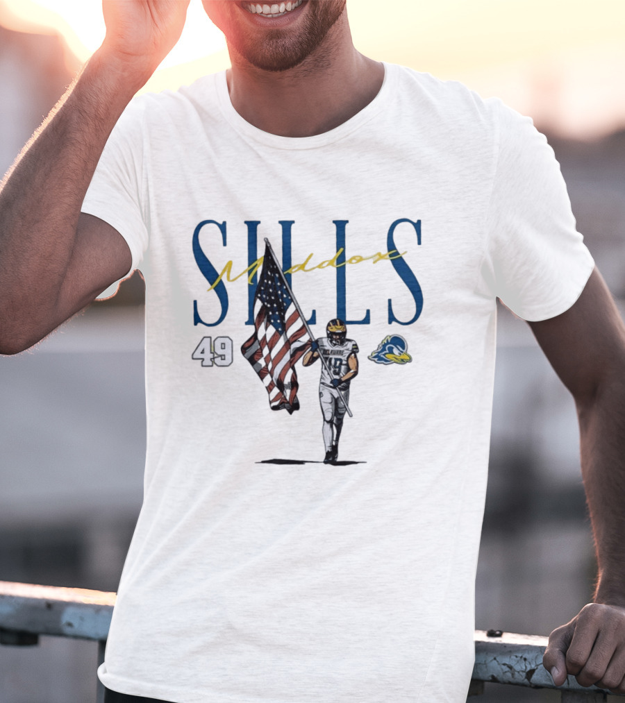Delaware Blue Hens No 49 Maddox Sills US Flag Caricature T-Shirt