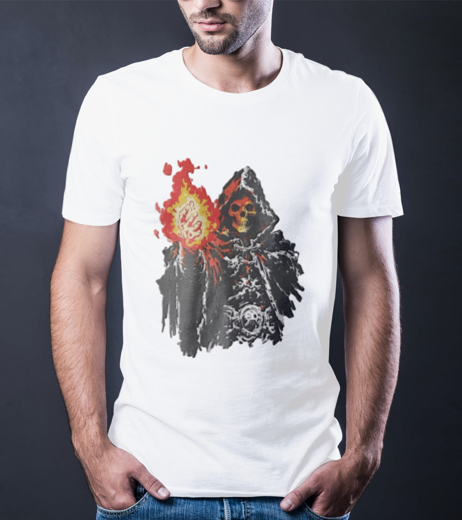 Skeleton Holding Fire Skeletor Hooded Cloak And Fiery Fist T-Shirt