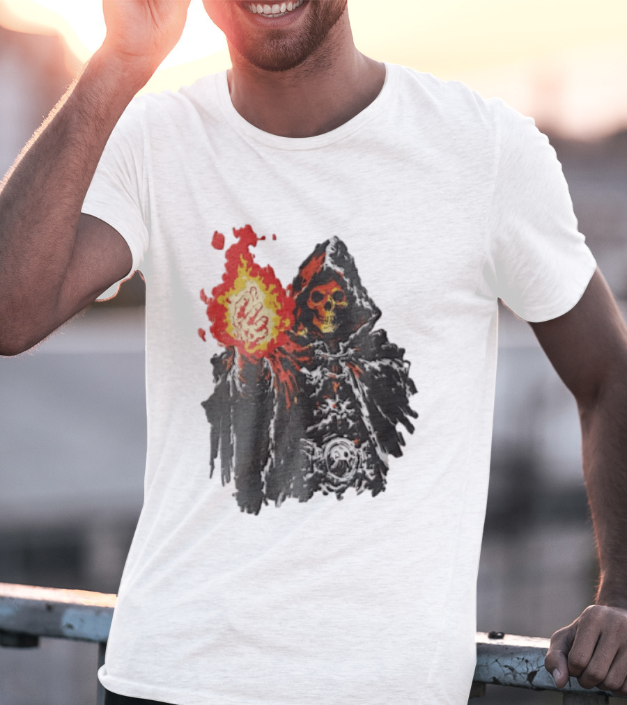Skeleton Holding Fire Skeletor Hooded Cloak And Fiery Fist T-Shirt