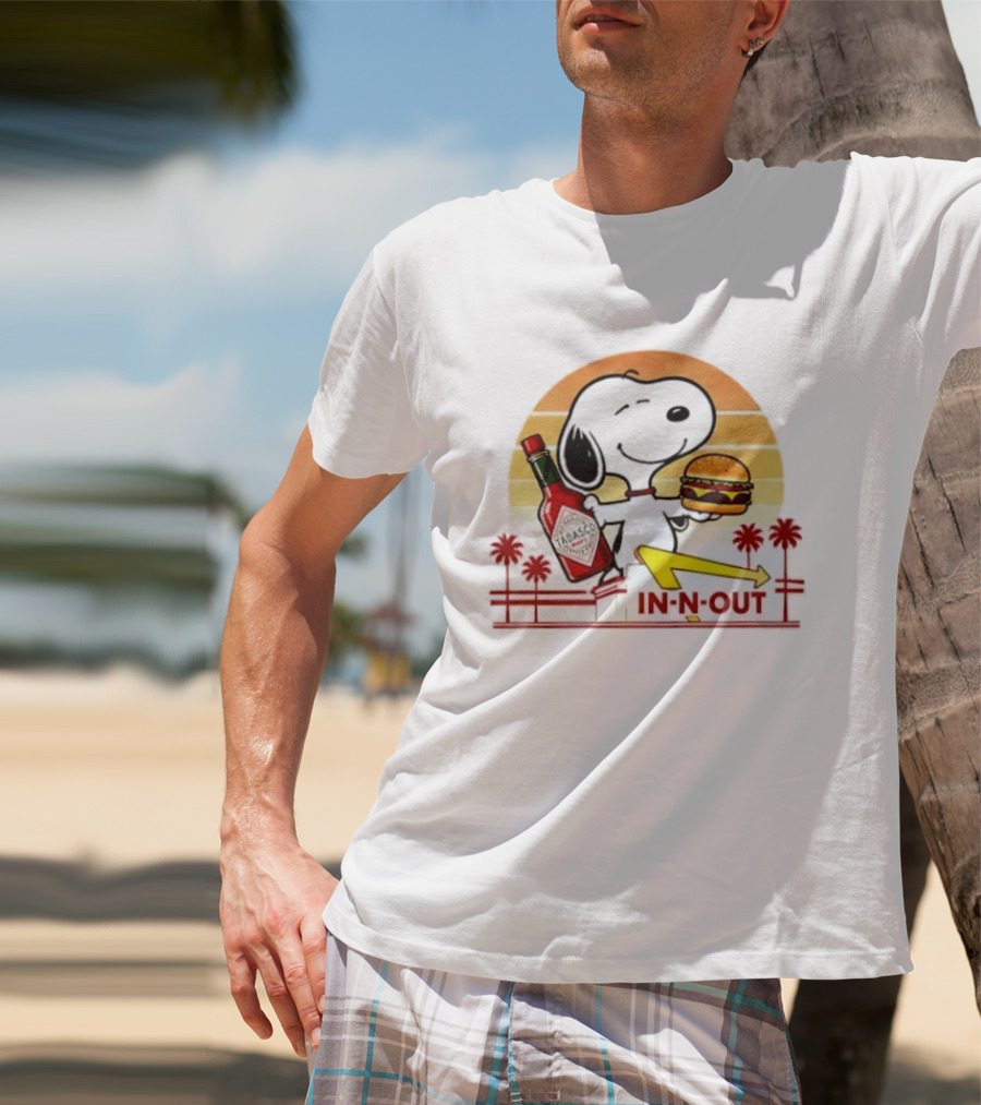 Snoopy Holding Tabasco Bottle And In N Out Burger Delightful Combination T-Shirt