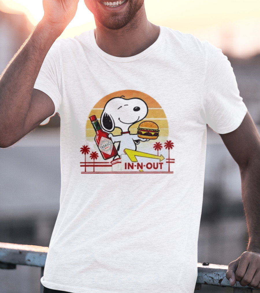 Snoopy Holding Tabasco Bottle And In N Out Burger Delightful Combination T-Shirt