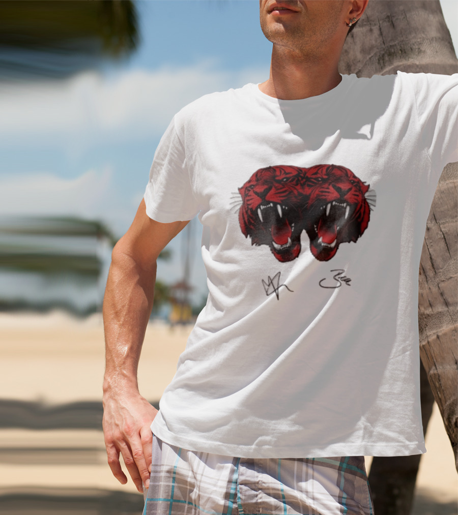 Tigers Heads Roaring Red Dual Fierce Animal T-Shirt