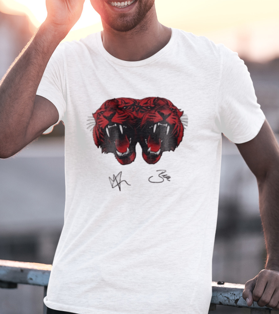 Tigers Heads Roaring Red Dual Fierce Animal T-Shirt