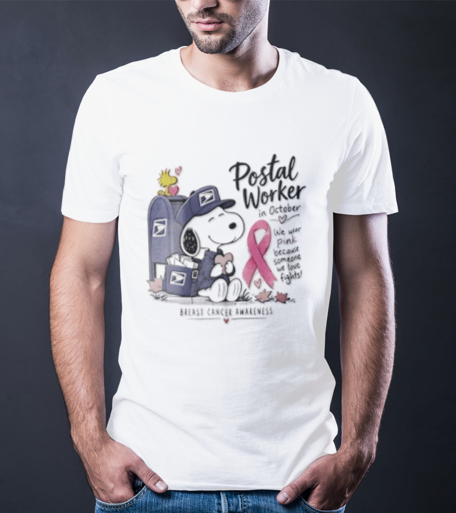 Postal Worker Snoopy And Woodstock With Pink Ribbon Supporting Fighters T-Shirt