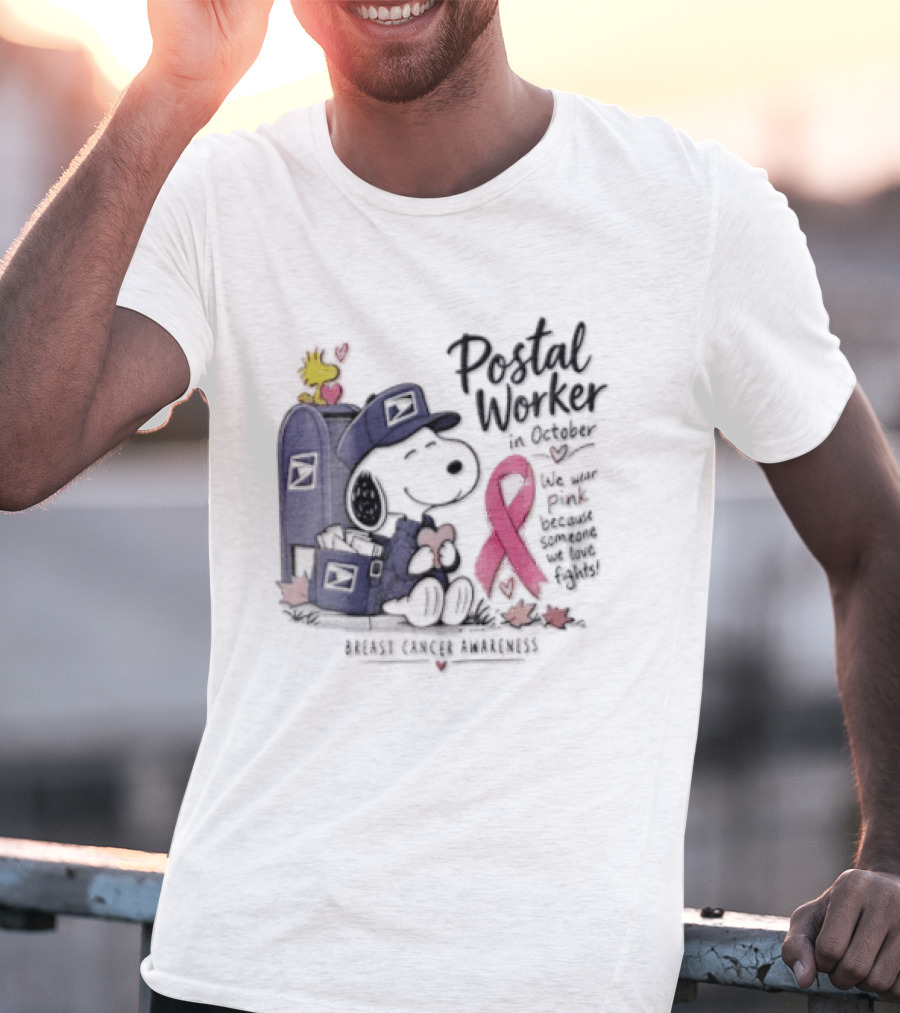 Postal Worker Snoopy And Woodstock With Pink Ribbon Supporting Fighters T-Shirt