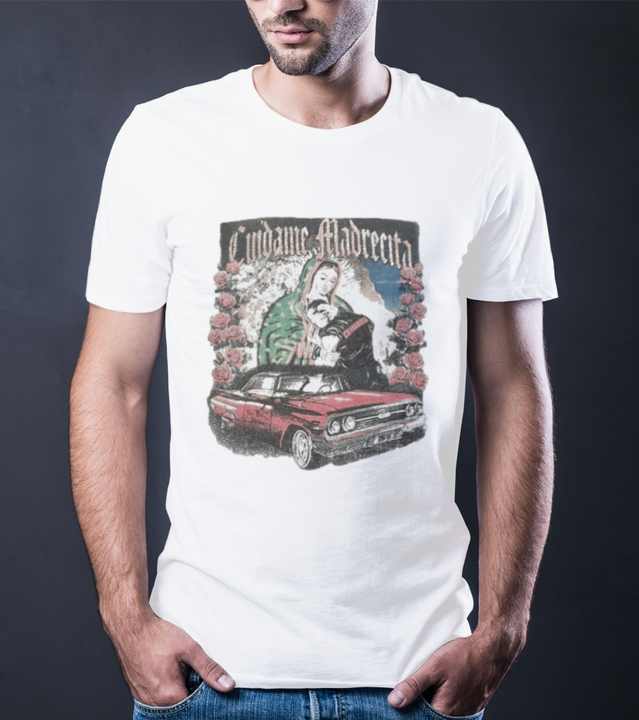 Cuidame Madrecita Red Classic Car With Roses And Religious T-Shirt