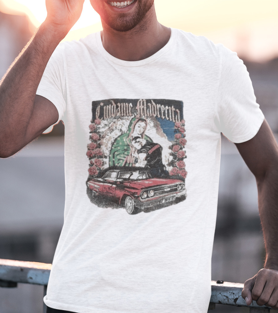 Cuidame Madrecita Red Classic Car With Roses And Religious T-Shirt