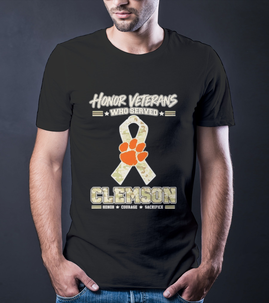 Honor Veterans Who Served Clemson Tigers Honor Courage Sacrifice Camouflage Ribbon T-Shirt