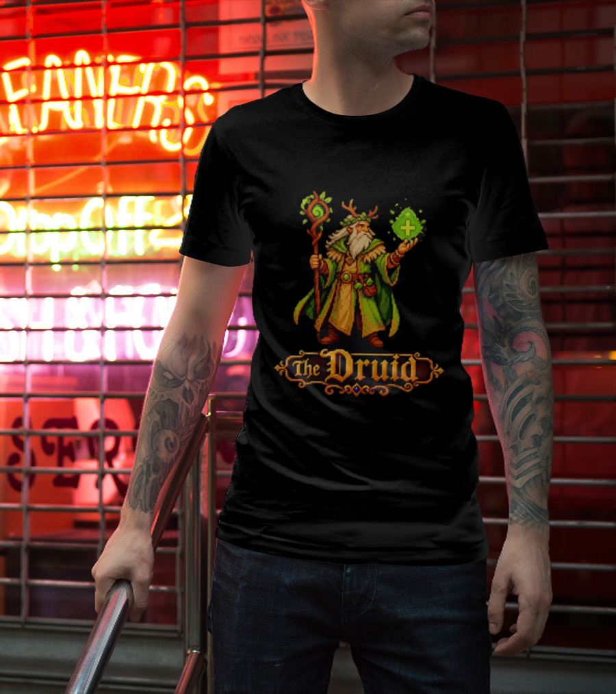 The Druid 16 Bit Game Cartoon Pixel Art Mage With Staff And Potion T-Shirt