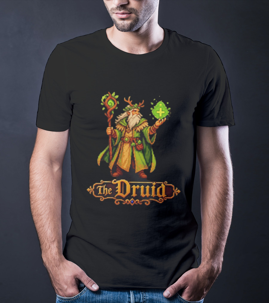 The Druid 16 Bit Game Cartoon Pixel Art Mage With Staff And Potion T-Shirt