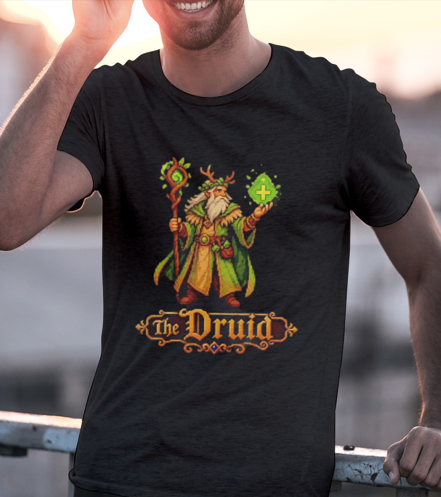 The Druid 16 Bit Game Cartoon Pixel Art Mage With Staff And Potion T-Shirt