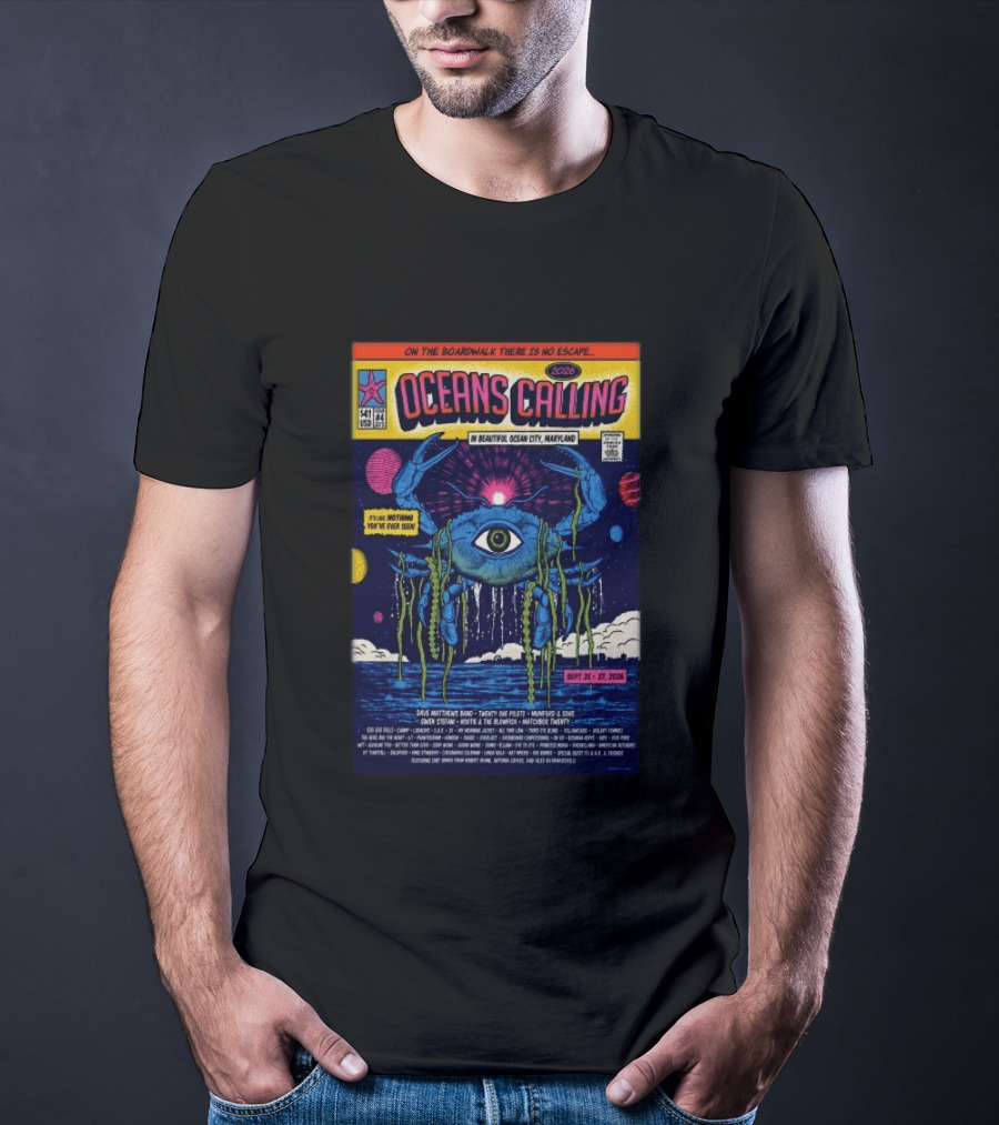 Oceans Calling Festival 2026 Ocean City Maryland Lineup Dave Matthews Band The Lumineers Alanis Morissette 9 25 27 Crab Eye Comic T-Shirt