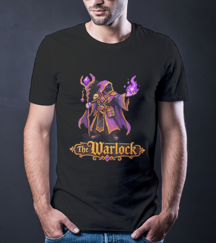 The Warlock 16 Bit Game Cartoon Purple Magic Robe Wizard T-Shirt