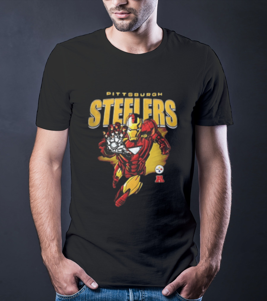 Pittsburgh Steelers Iron Man Flying Forward Graphic Suit Officially Licensed NFL Marvel Collaboration T-Shirt