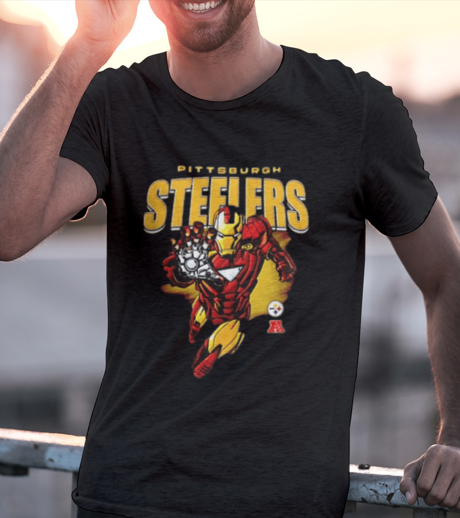 Pittsburgh Steelers Iron Man Flying Forward Graphic Suit Officially Licensed NFL Marvel Collaboration T-Shirt