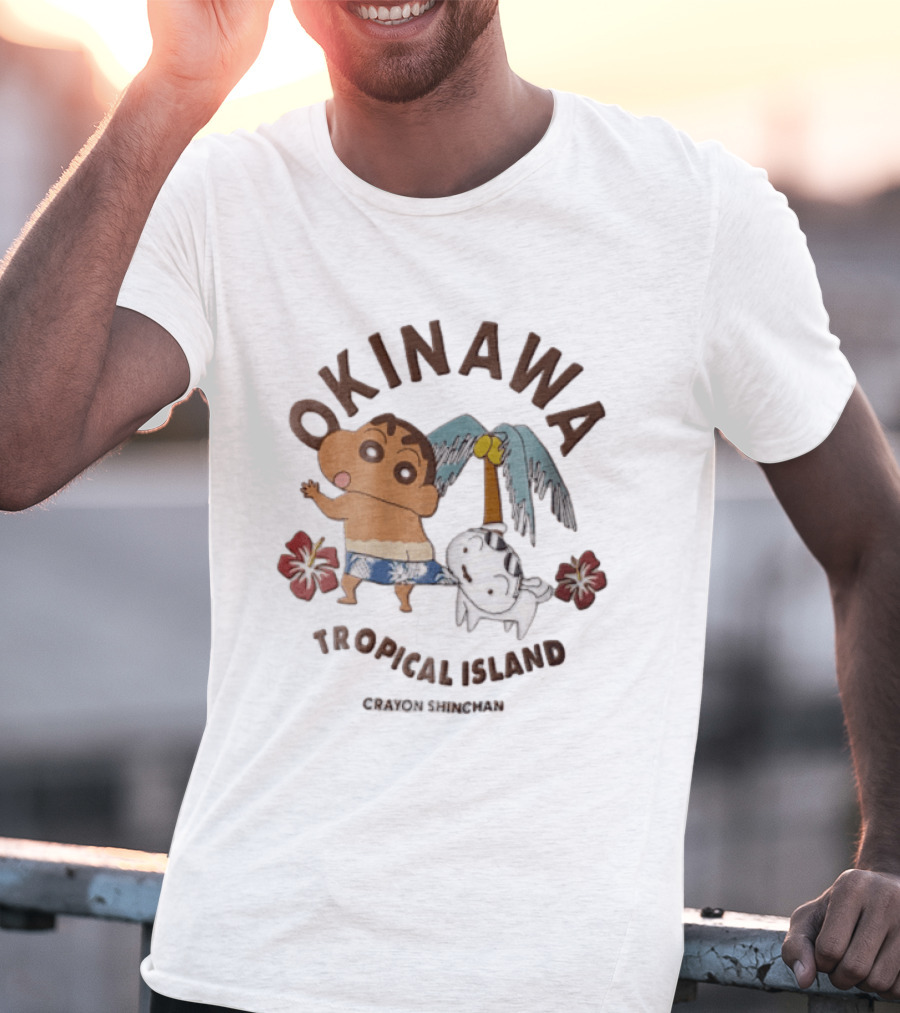 Okinawa Tropical Island Crayon Shin Chan Shinnosuke Nohara Shiro Palm Tree Hibiscus T-Shirt