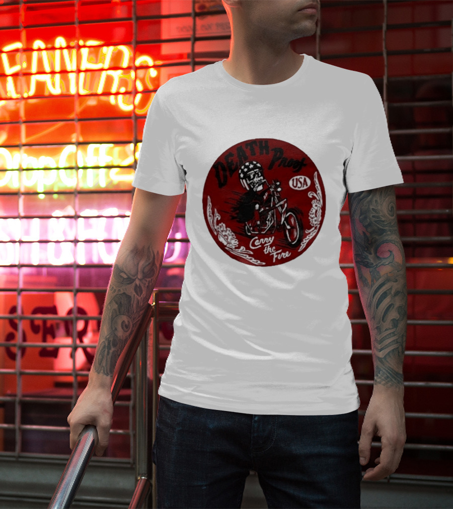 Death Proof USA Easy Rider Skull Motorcycle Carry The Fire T-Shirt