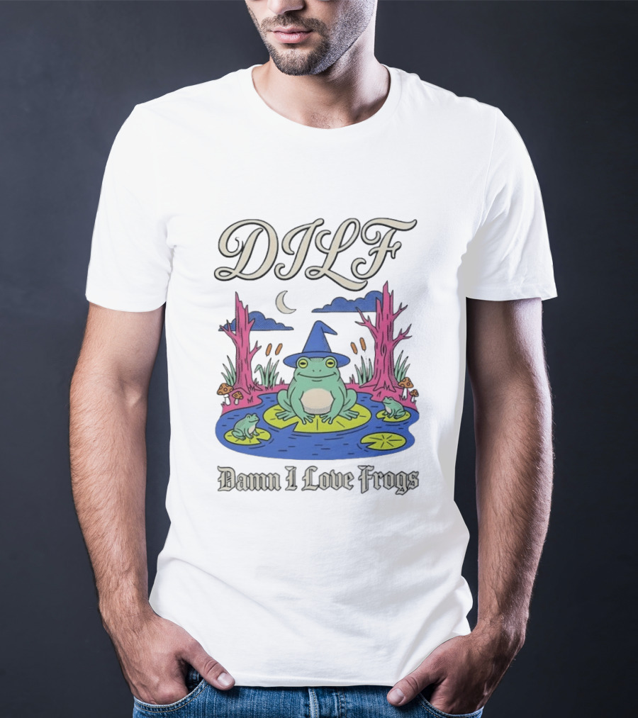 DILF Damn I Love Frogs Cartoon Frog In Pond With Wizard Hat T-Shirt